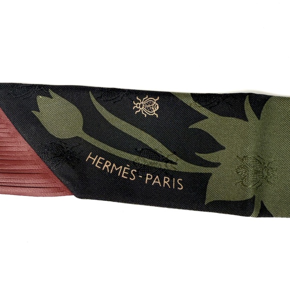 Sold on fashionreloved.com HERMES Silk Leather Rouge H Bouquet Fringed Twilly - Picture 10 of 10